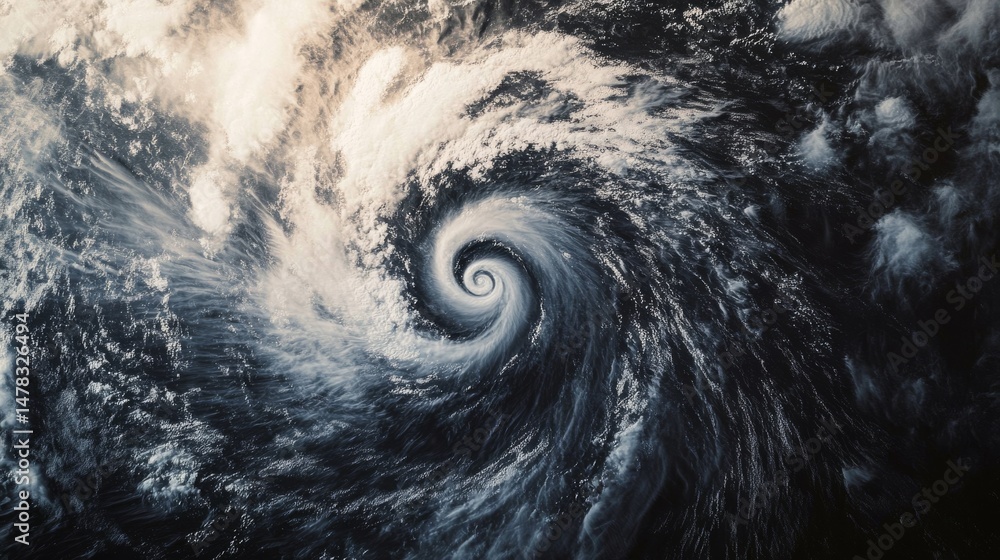 Fototapeta premium Satellite view of powerful hurricane over ocean, with swirling black and white clouds, defined eye wall, strong winds, stormy sea, and dramatic spiral weather patterns in motion.