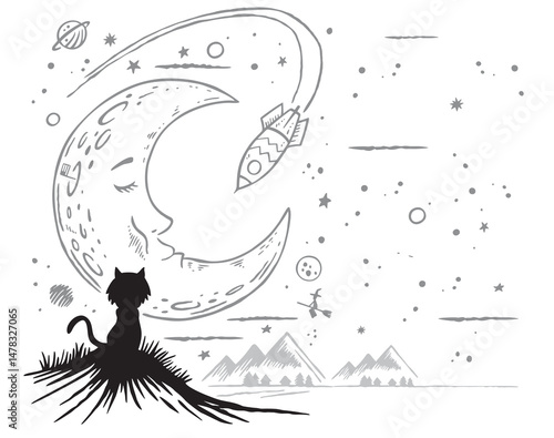 Cartoon style art of black cat in night landscape.