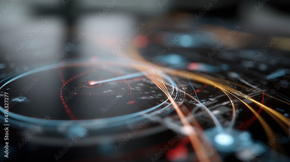 Obraz premium A closeup view of a dynamic holographic interface reveals detailed flight data and realtime statistics with transparent flight paths pulsating and intersecting strategically as they