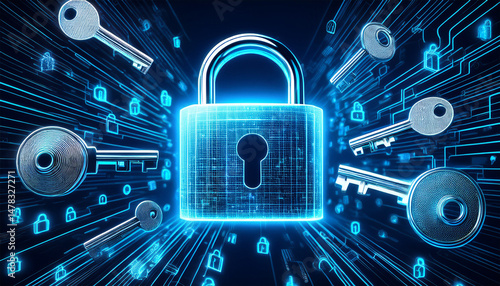 cyber security and unlock system concept with a perspective view of a digital close padlock surrounded by blue keys on a dark abstract background 