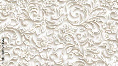Elegant White 3D Floral Damask Pattern Seamless Texture