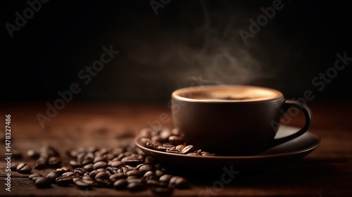 Steaming espresso cup with coffee beans, warm brown tones - the essence of rich coffee moments