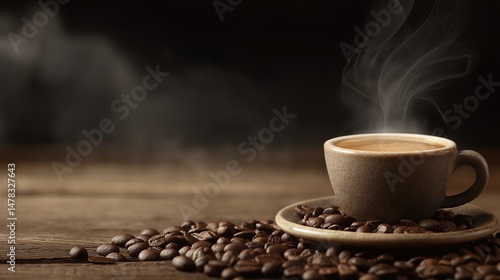 Steaming espresso cup with coffee beans, warm brown tones - the essence of rich coffee moments