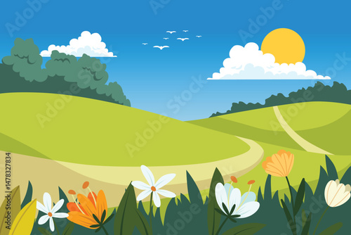Beautiful landscape of a green valley with hills, trees and bushes. Blue sky and clouds.