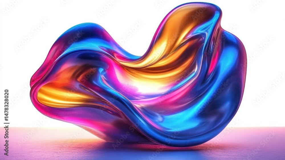 Obraz premium Abstract smooth flowing liquid-like shape with vibrant metallic blue, orange, pink, and purple colors on a reflective surface creating a futuristic and dynamic feel