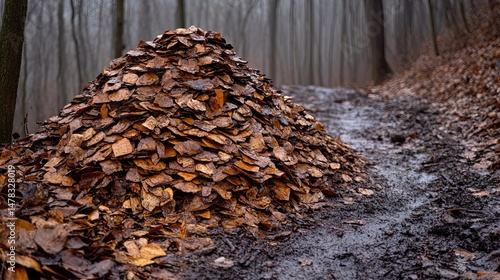 Wood chips pile forest path.