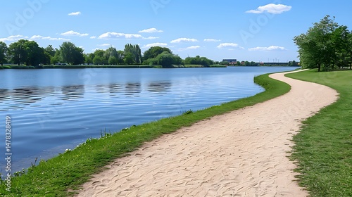 Scenic Pathway Beside Tranquil Lake With Green Vegetation and Blue Sky in Daylight