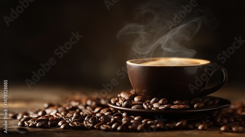 Steaming espresso cup with coffee beans, warm brown tones - the essence of rich coffee moments