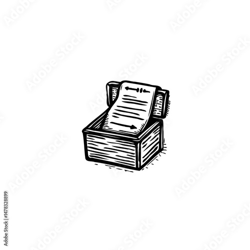 Vintage receipt printer illustration with textured shading and simple design