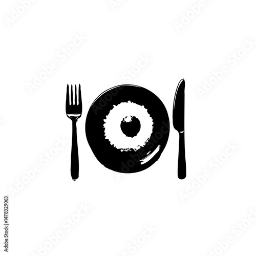 Abstract culinary arrangement showcasing a stylized donut on a dish