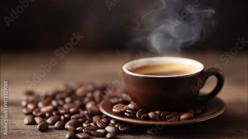 Steaming espresso cup with coffee beans, warm brown tones - the essence of rich coffee moments
