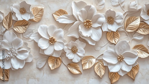 Elegant White Flowers With Gold Leaves On Beige Background