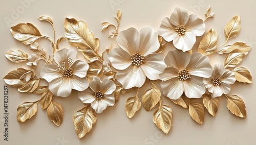 Ornamental 3D Floral Design In Cream And Gold