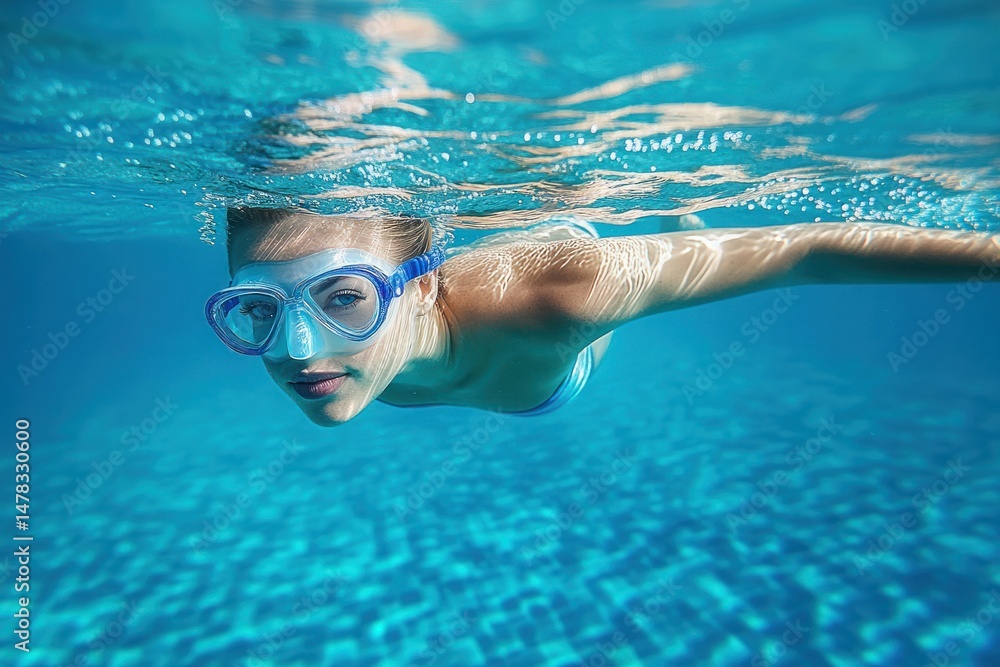 Naklejka premium Young woman swimming underwater wearing blue snorkeling mask in clear blue pool water with sunlight reflections