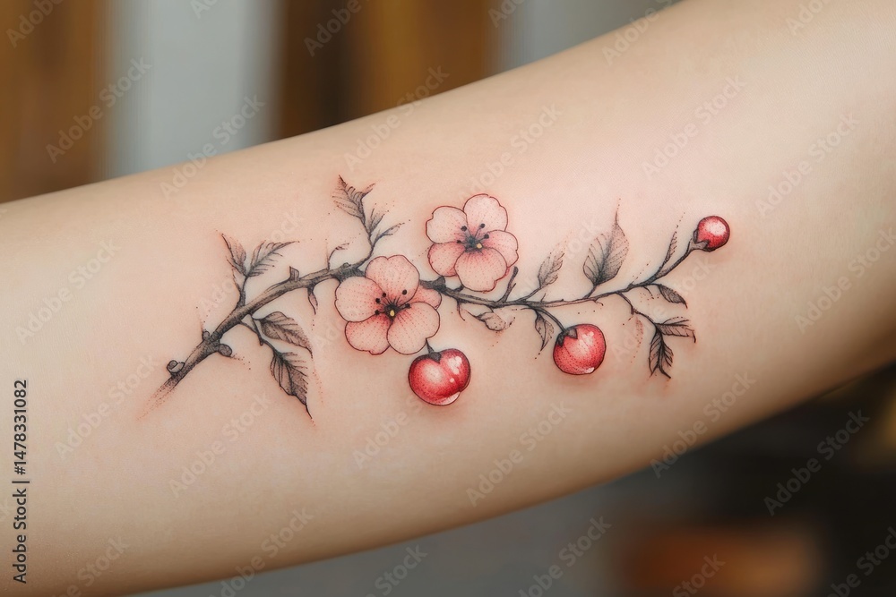 Obraz premium delicate tattoo of a flowering branch with pink blossoms and red cherries on light skin, featuring fine details and soft shading