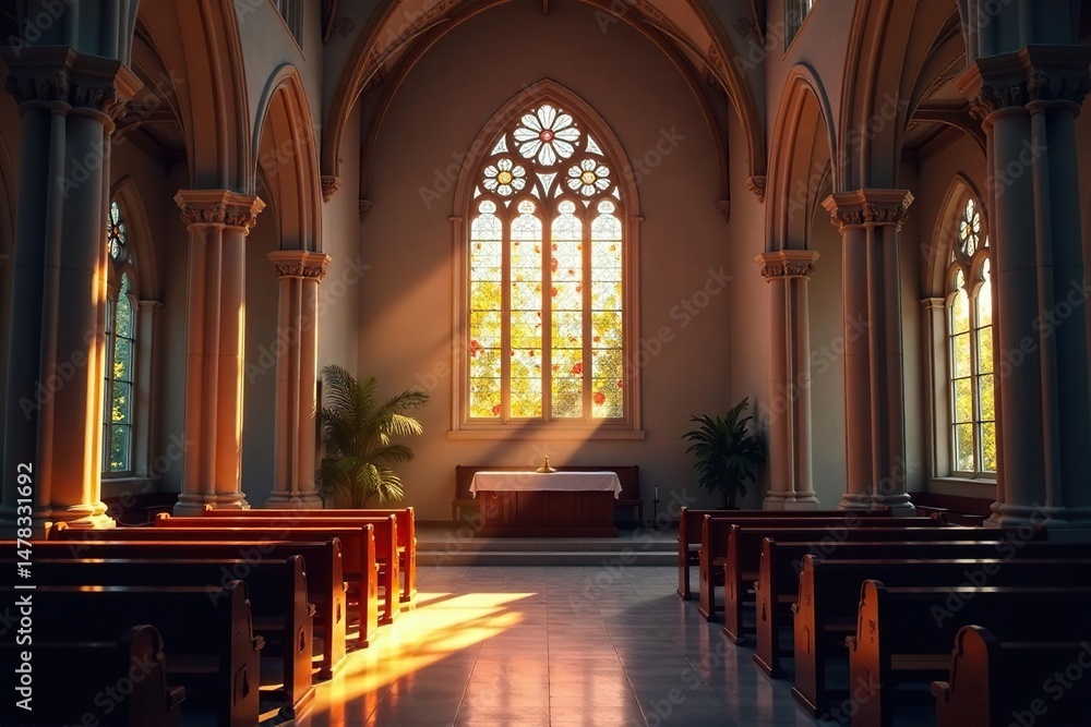 Obraz premium Serene church interior, stained glass window illuminating altar Peaceful, spiritual atmosphere , divine, interior
