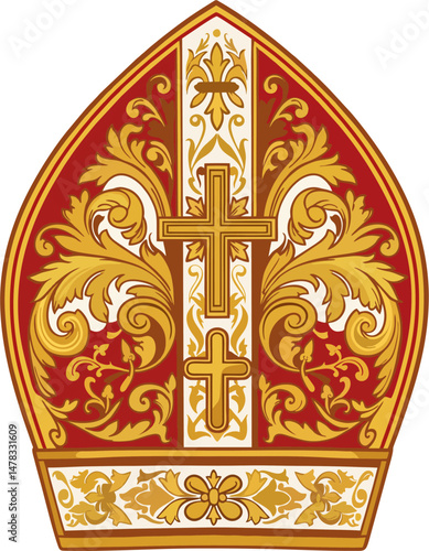 Intricate Vector Illustration of Red and Gold Papal Mitre with Double Cross and Baroque Floral Ornaments – Catholic Bishop Hat Clipart