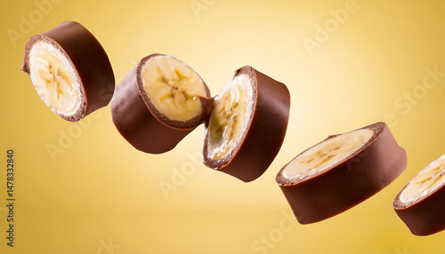 banana slices covered in smooth milk chocolate floating on a pastel yellow background
