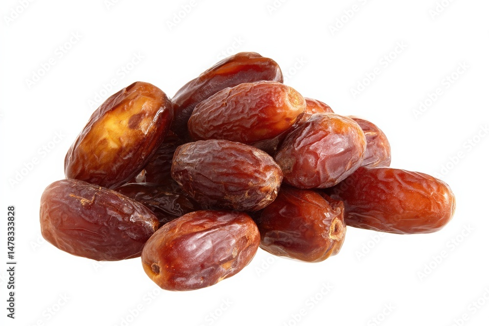 A pile of sweet, ripe dates on a white background. A pile of sweet, ripe dates on a white background.