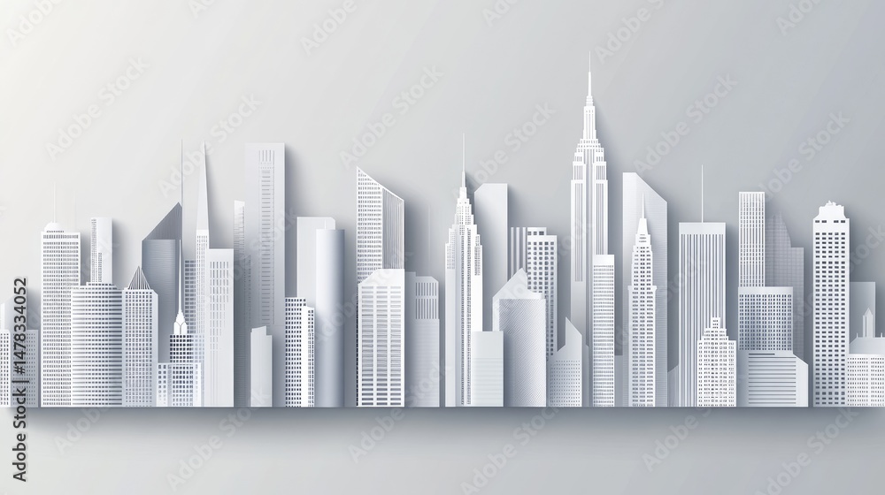 Obraz premium Monochromatic city skyline, papercraft style, architectural design.