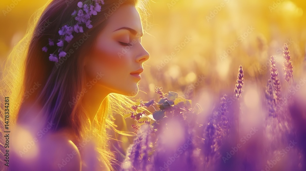 Fototapeta premium Beautiful Woman in Lavender Field at Sunset Golden Hour