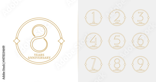 Set of minimal emblem anniversary logo. Birthday symbol with elegant and gold style. Years celebration vector template
