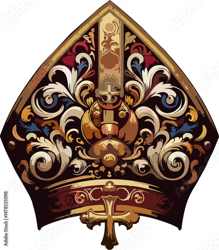 Luxurious Baroque Papal Mitre Vector with Gold Embellishments and Intricate Cross – Highly Detailed Bishop Hat Illustration