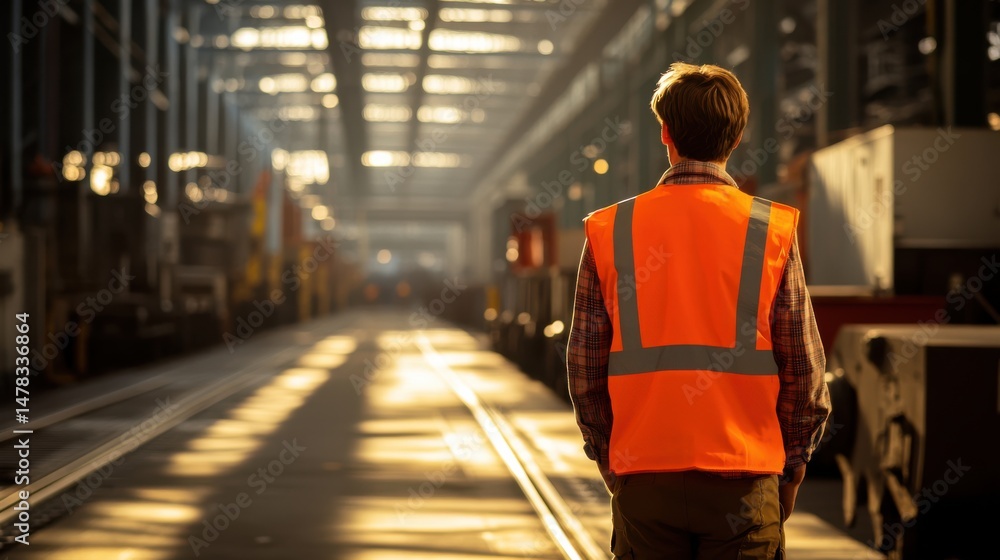 custom made wallpaper toronto digitalWorker Wearing Safety Vest in Warehouse with Sunlight Shining Through Roof