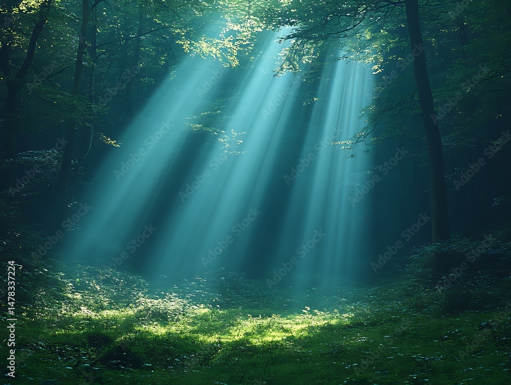 Sunlight beams through dark forest Sunlight beams through dark forest