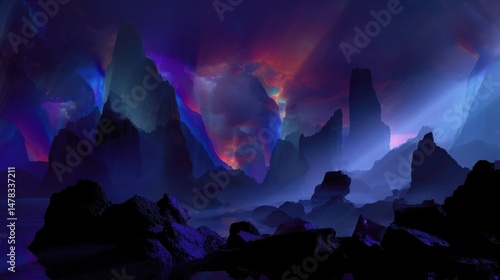 Obraz na płótnie An ethereal landscape filled with surreal shapes and colors representing a dreamlike output generated by AI embodying the limitless creative potential of texttoimage synthesis. w salonie