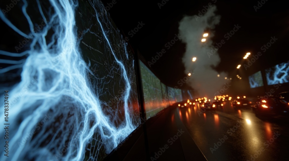 Wisps of smoky particle plumes rise above congested voxel lanes visually representing areas of traffic delay and bottlenecks on a digital monitor.