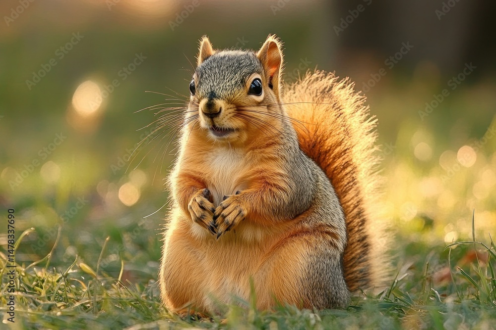 Obraz premium cute squirrel sitting on grass with soft sunlight glowing behind and curious expression