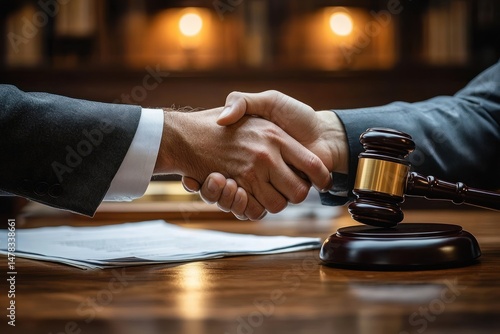 Close-up of two people in business suits shaking hands over legal documents with a judge's gavel on a wooden table symbolizing agreement or legal settlement
