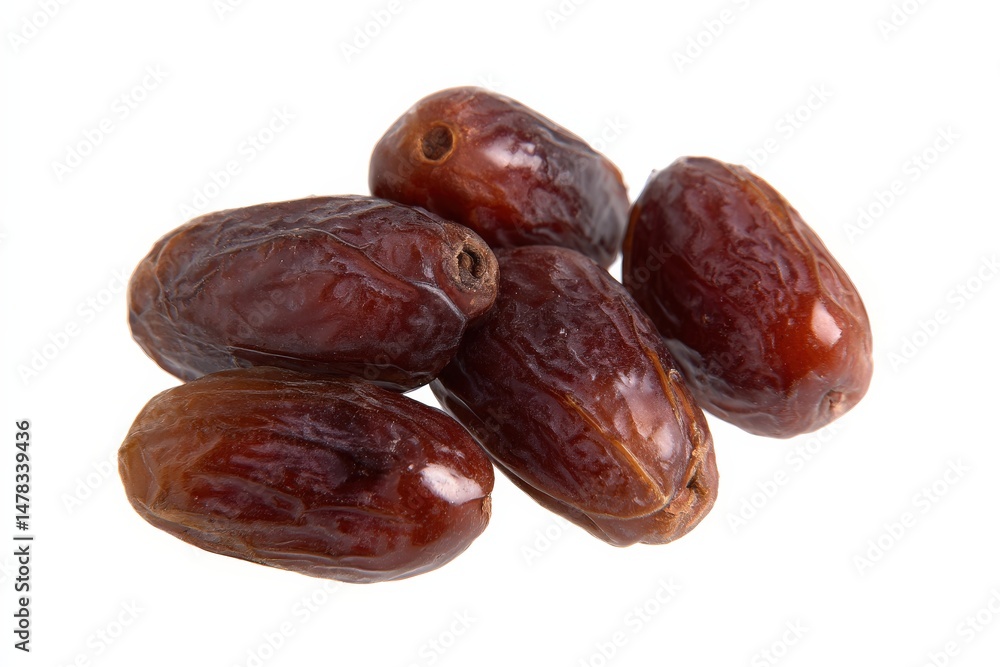 A close-up shot of five dates against a white background. A close-up shot of five dates against a white background.