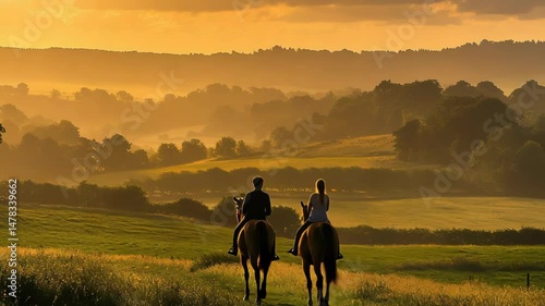Couple riding horses at sunset in a serene landscape, enjoying the natural beauty and tranquil atmosphere.