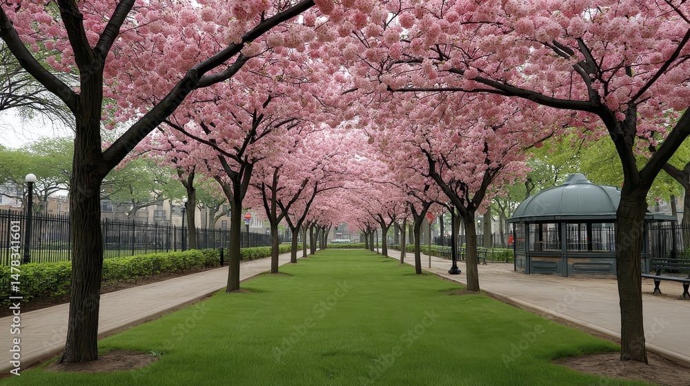 Naklejka premium Vibrant pink cherry blossoms in full bloom, iconic NYC park setting Lush greenery, beautiful springtime scene - full bloom pastel
