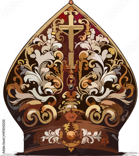 Luxurious Baroque Papal Mitre with Ornamental Gold Cross and Flourishes – Highly Detailed Vector of Catholic Bishop Hat
