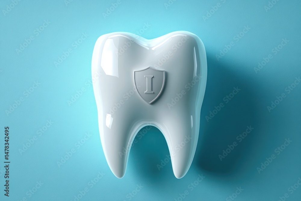 Shiny white molar tooth icon with a gray shield emblem embossed with the letter I, on a smooth blue background giving a clean and protective impression Shiny white molar tooth icon with a gray shield emblem embossed with the letter I, on a smooth blue background giving a clean and protective impression
