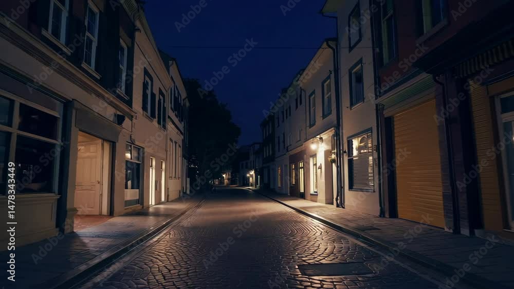 Empty european cobblestone street at night with glowing streetlights Empty european cobblestone street at night with glowing streetlights