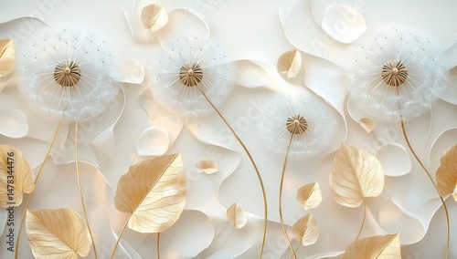 Elegant Decorative Dandelions And Gold Leaves On A Light Beige Background