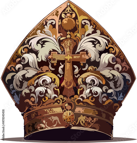 Intricate Papal Mitre with Ornate Gold Cross and Baroque Flourishes – Luxury Religious Bishop Hat Vector Illustration
