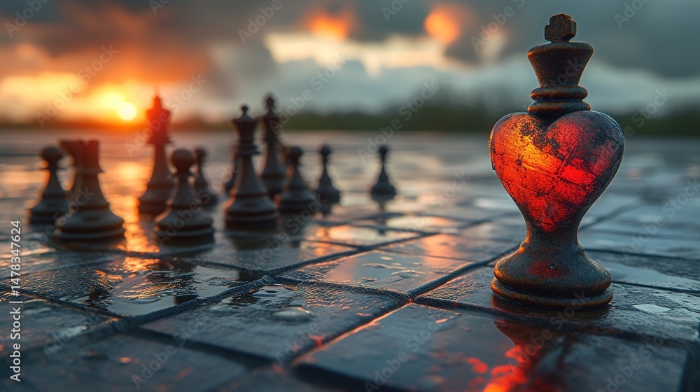 Obraz premium Surreal Chess Game Artwork with Melting Heart and Dramatic Sky Scene