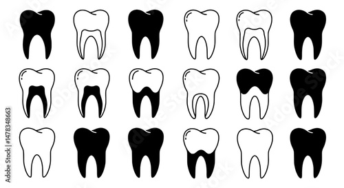 Dental Perspectives: An illustrative exploration of healthy and affected teeth, showcasing dental health concepts through distinct and clear line art. 