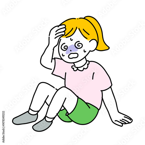 青ざめて座り込む女の子のイラスト（熱中症・体調不良・緊急対応）