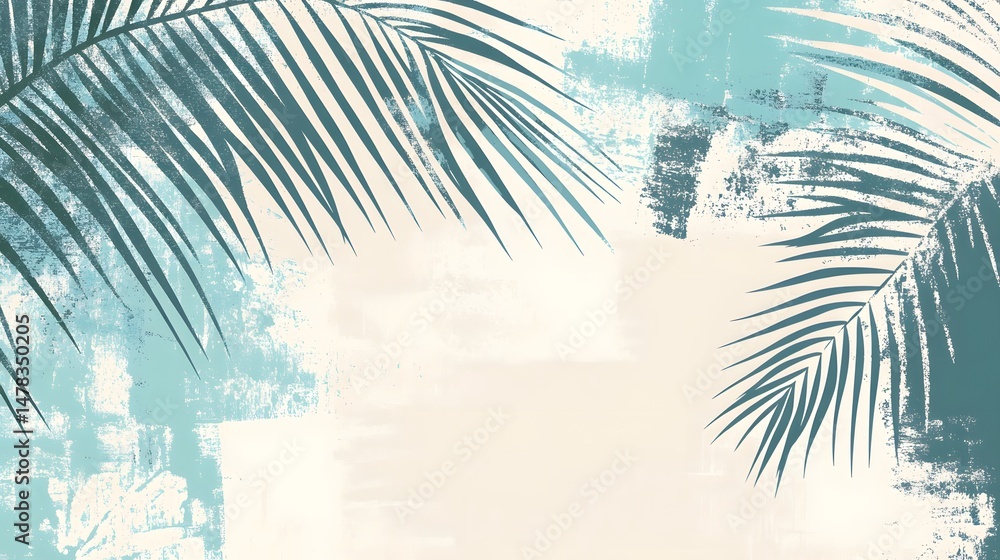 Fototapeta premium Abstract Tropical Palm Leaves Teal Beige Art Print