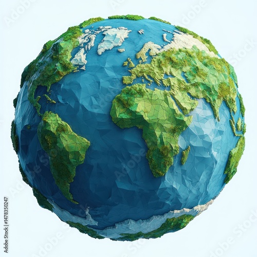 Low-poly 3D model of Earth with detailed continents, oceans, and elevated green forests depicting global geography and natural terrain