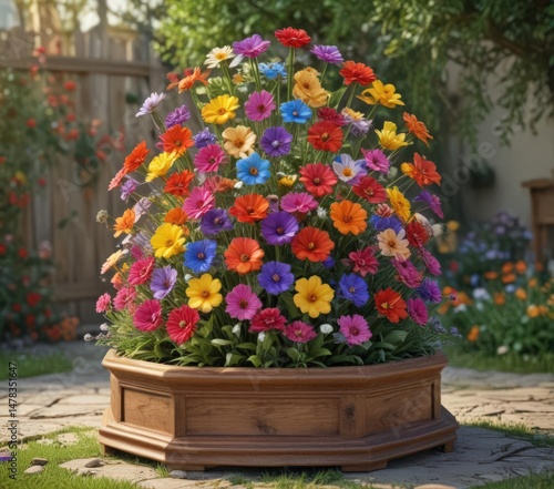 Rotating display of multicolored flowers, wooden base, charming garden art , colorful, flower, pretty