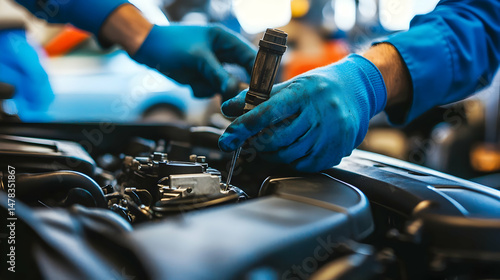 Automobile Mechanic Fine Tuning Engine Components During Car Maintenance
