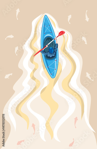 Aerial view of kayaker. Stylized art.
