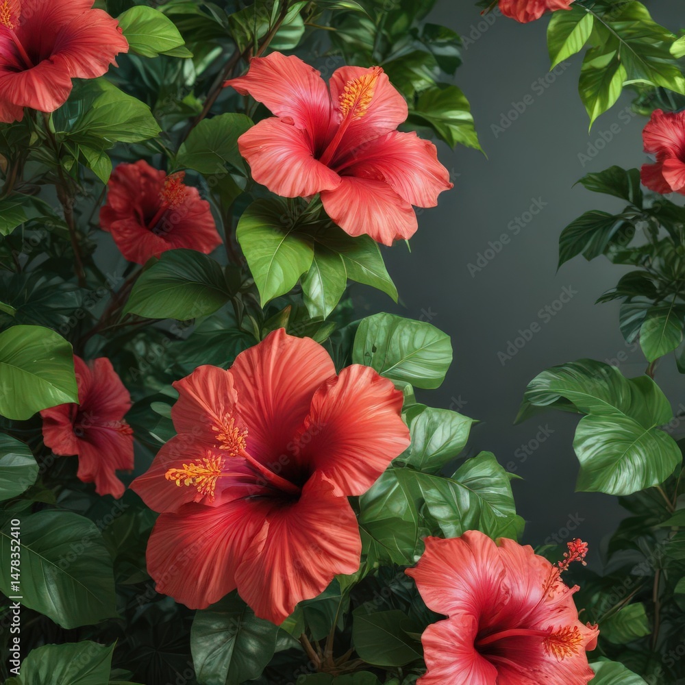 Obraz premium Vibrant hibiscus blooms, lush green tropical foliage , blooms, macro